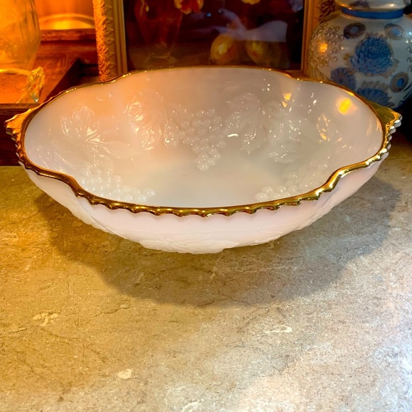 Other - Vintage Anchor Hocking Milk Glass Grape Bowl with Gold Trim 8 1/2" diameter